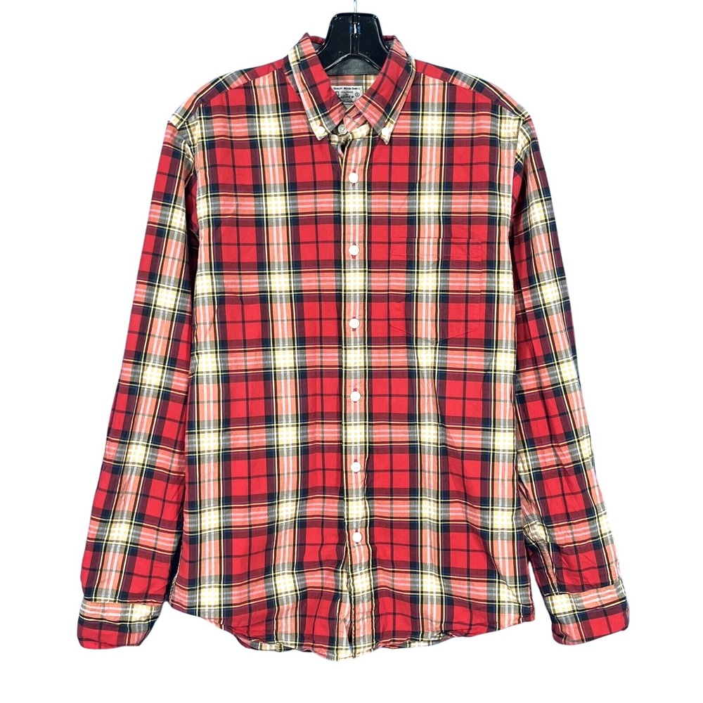 J CREW Tailored Fit MEN'S Red PLAID Front Pocket LONG SLEEVE Button-Up SHIRT S